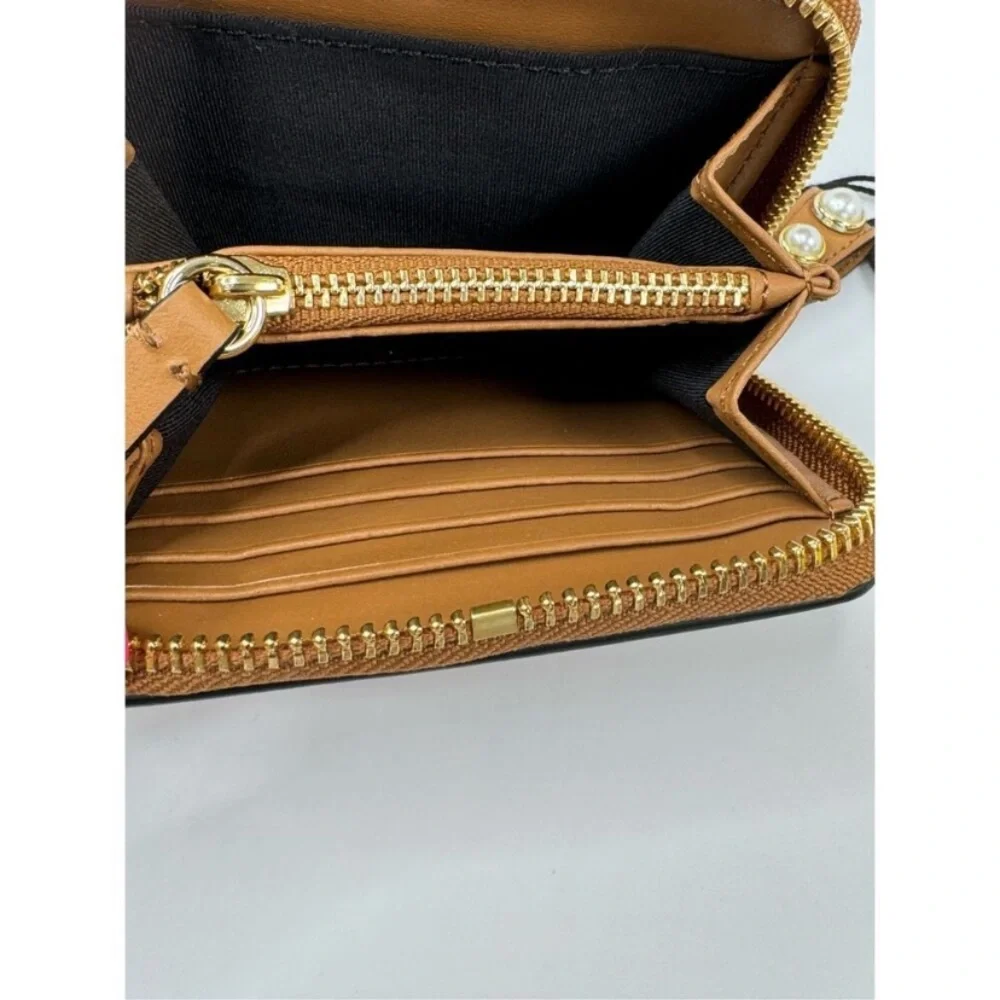 Zac Eartha Mini Bow Zipped Small Leather Wallet Brown Pearl Detail NWT
